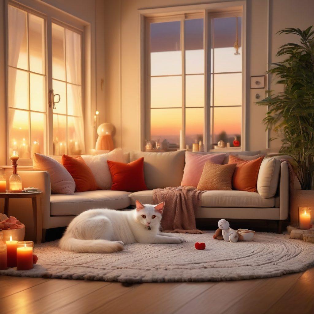 A cozy living room scene featuring a couple snuggling on a couch, surrounded by fluffy pets like cats and dogs, exuding warmth and affection. The room is softly lit with romantic candles, and there's a window showing a gentle sunset outside, symbolizing love and companionship. Include subtle details like a heart-shaped pillow and a few scattered pet toys. super-realistic. warm tones. inviting atmosphere.