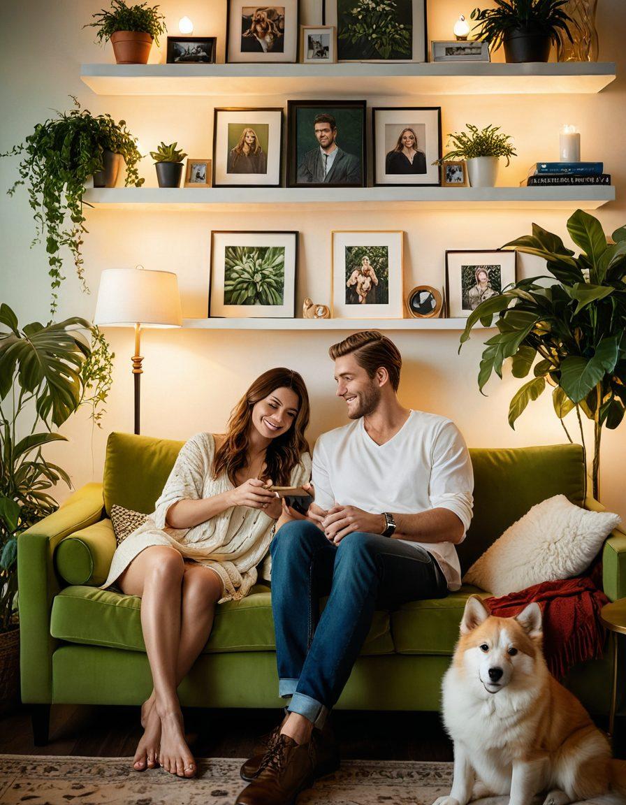 A cozy scene of a couple sitting together on a soft couch, surrounded by their affectionate pets, showcasing the warmth of love and connection. The soft lighting adds a romantic ambiance, and tender gestures between the couple, like holding hands, reflect their bond. The room is decorated with plants and personal mementos, emphasizing intimacy and comfort. Include vibrant colors to evoke a sense of joy and warmth. super-realistic. vibrant colors. cozy atmosphere.